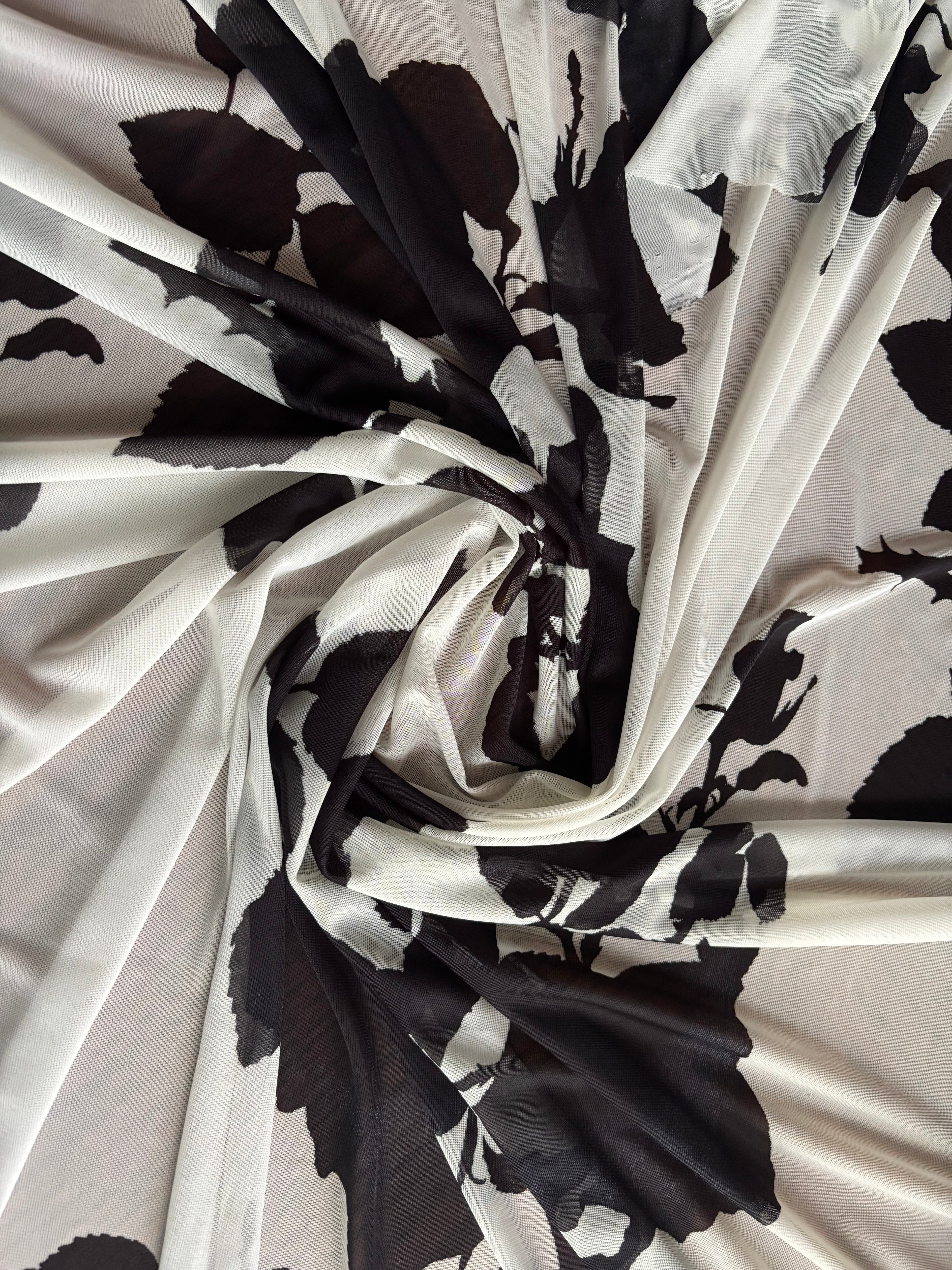 BLACK FLORALS ON WHITE TRICOT KNIT