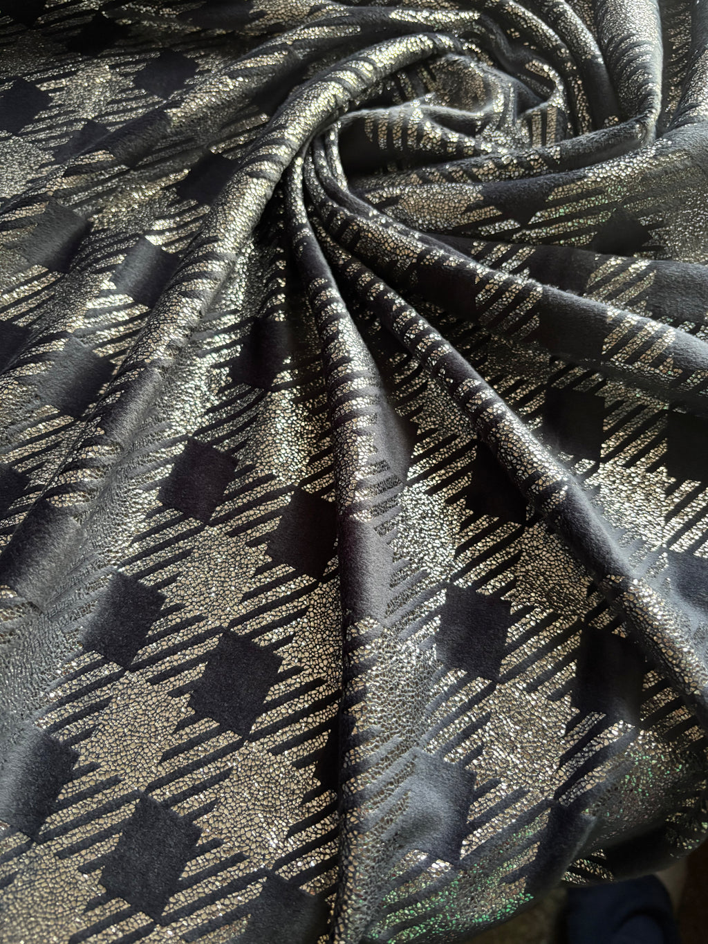 METALLIC SILVER AND GRAY STRETCH VELOUR