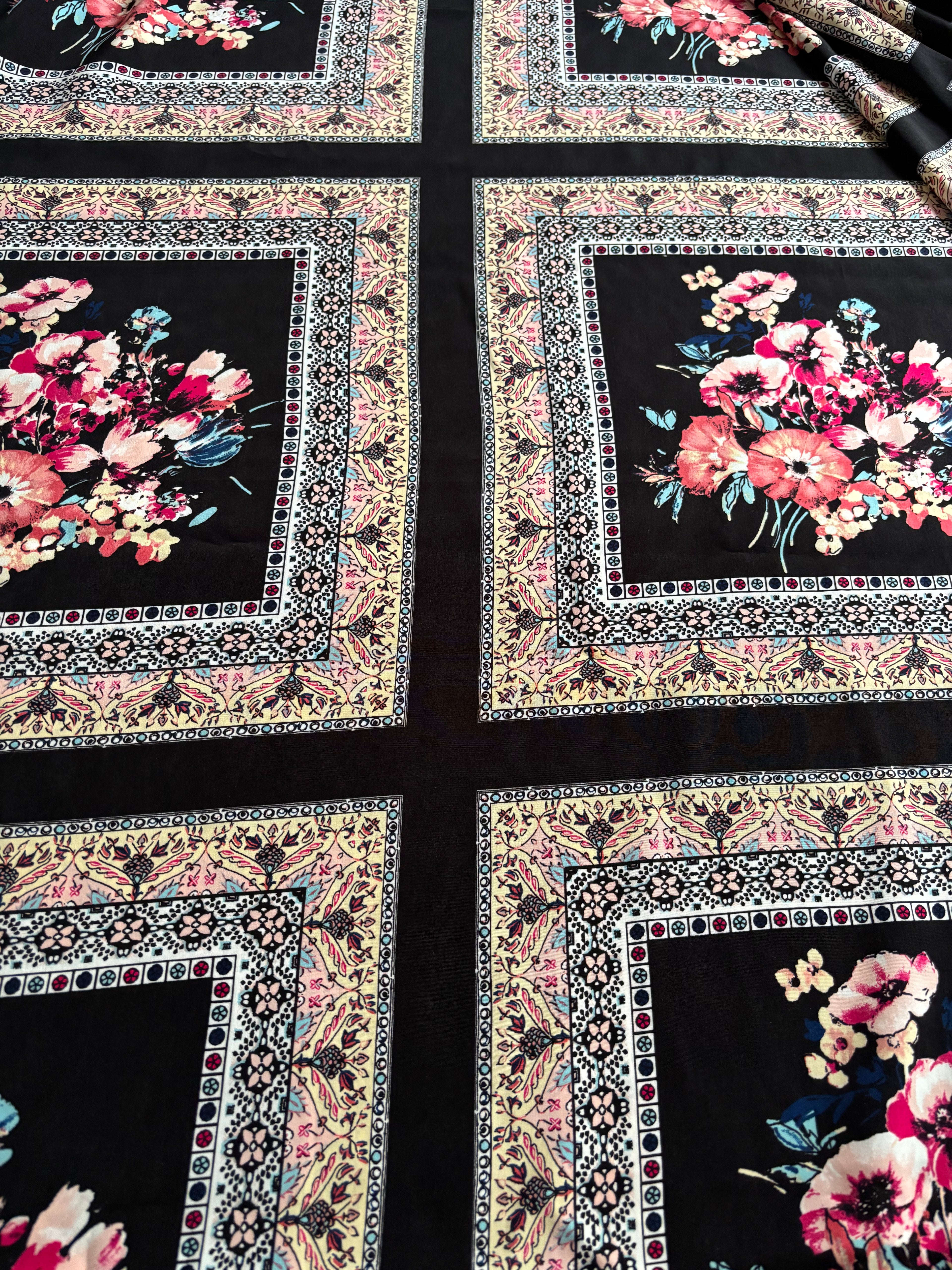 BLACK FRAMED FLORALS CHARMEUSE