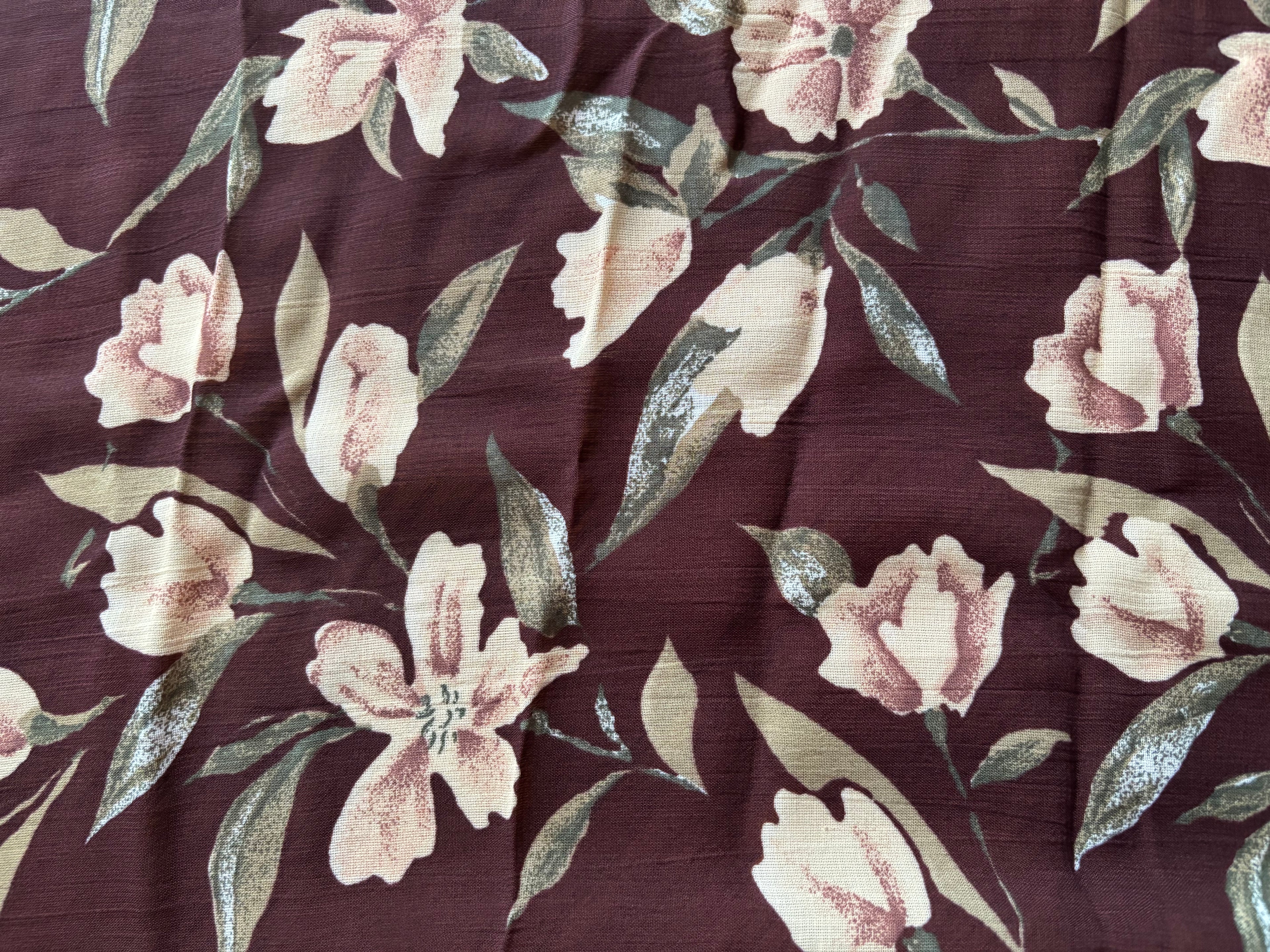 DARK BROWN LIGHT TAN FLOWERS GREEN LEAVES CHIFFON