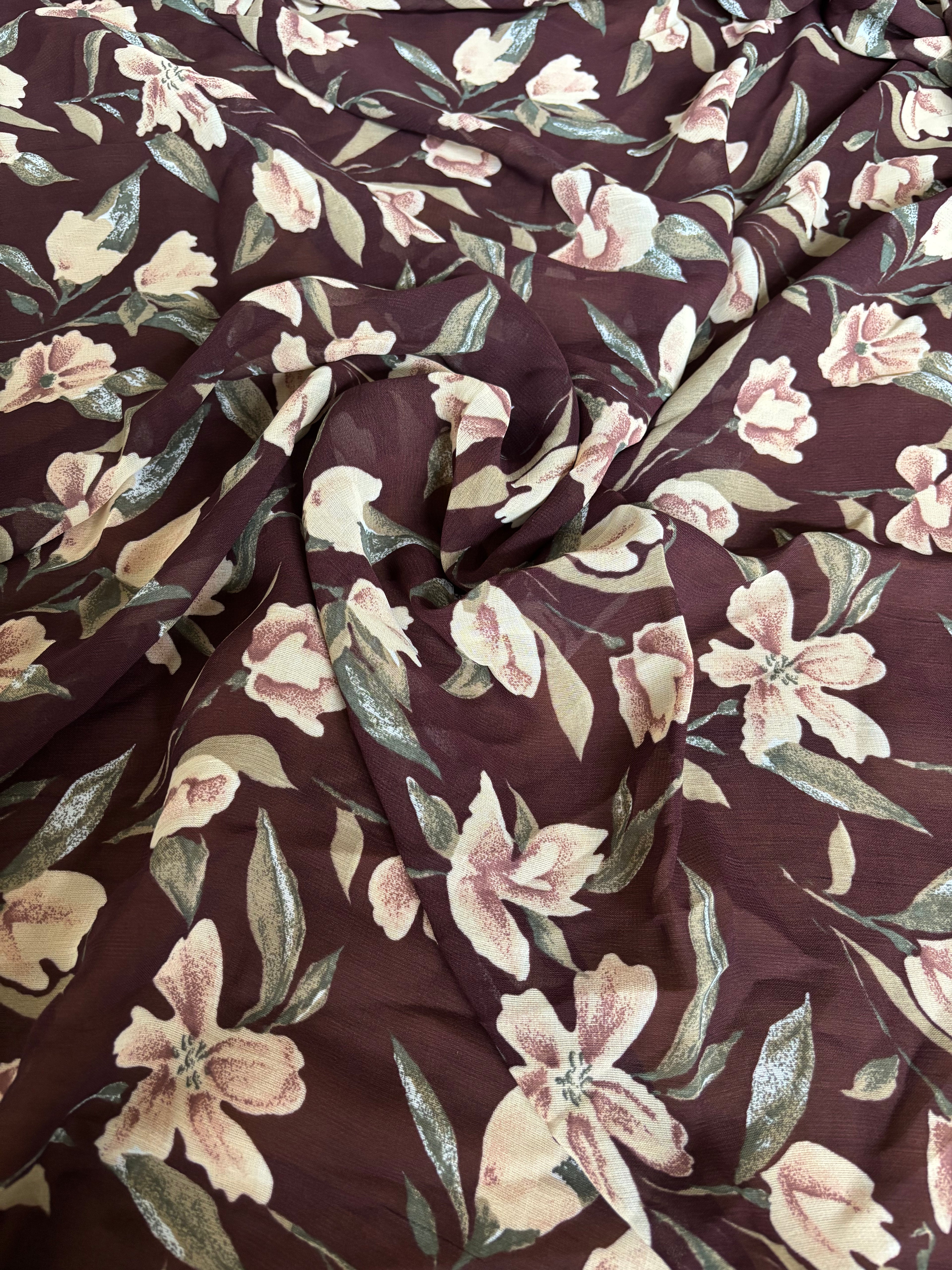 DARK BROWN LIGHT TAN FLOWERS GREEN LEAVES CHIFFON