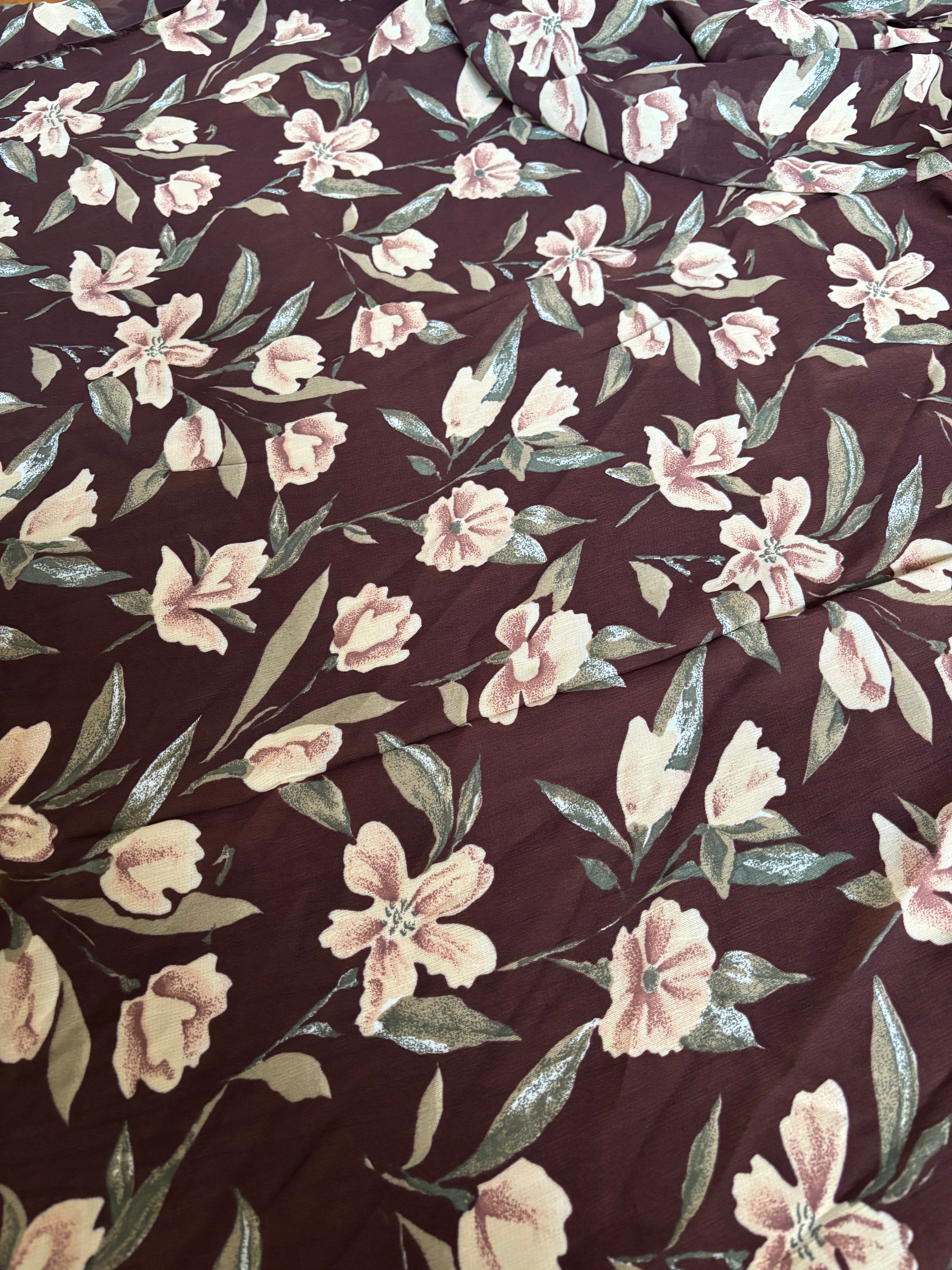 DARK BROWN LIGHT TAN FLOWERS GREEN LEAVES CHIFFON