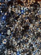SHADES OF BLUE EMBROIDERED LACE ON BLACK MESH FABRIC