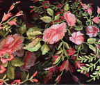 BLACK LACE WITH PINK ROSES AND GREEN LEAVES