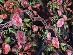 BLACK LACE WITH PINK ROSES AND GREEN LEAVES