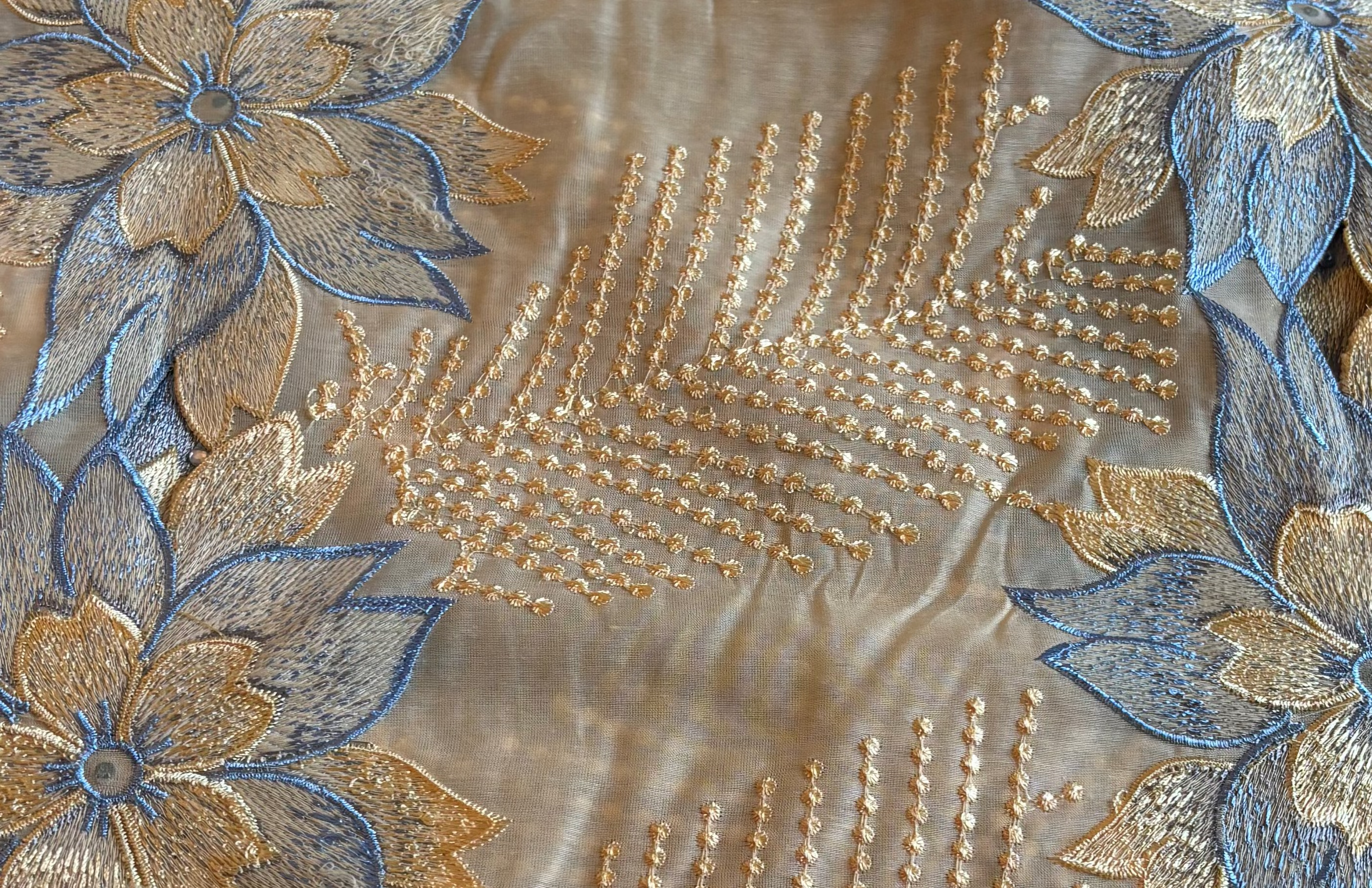 YELLOW WITH BLUE FLORALS CUT OUT LACE