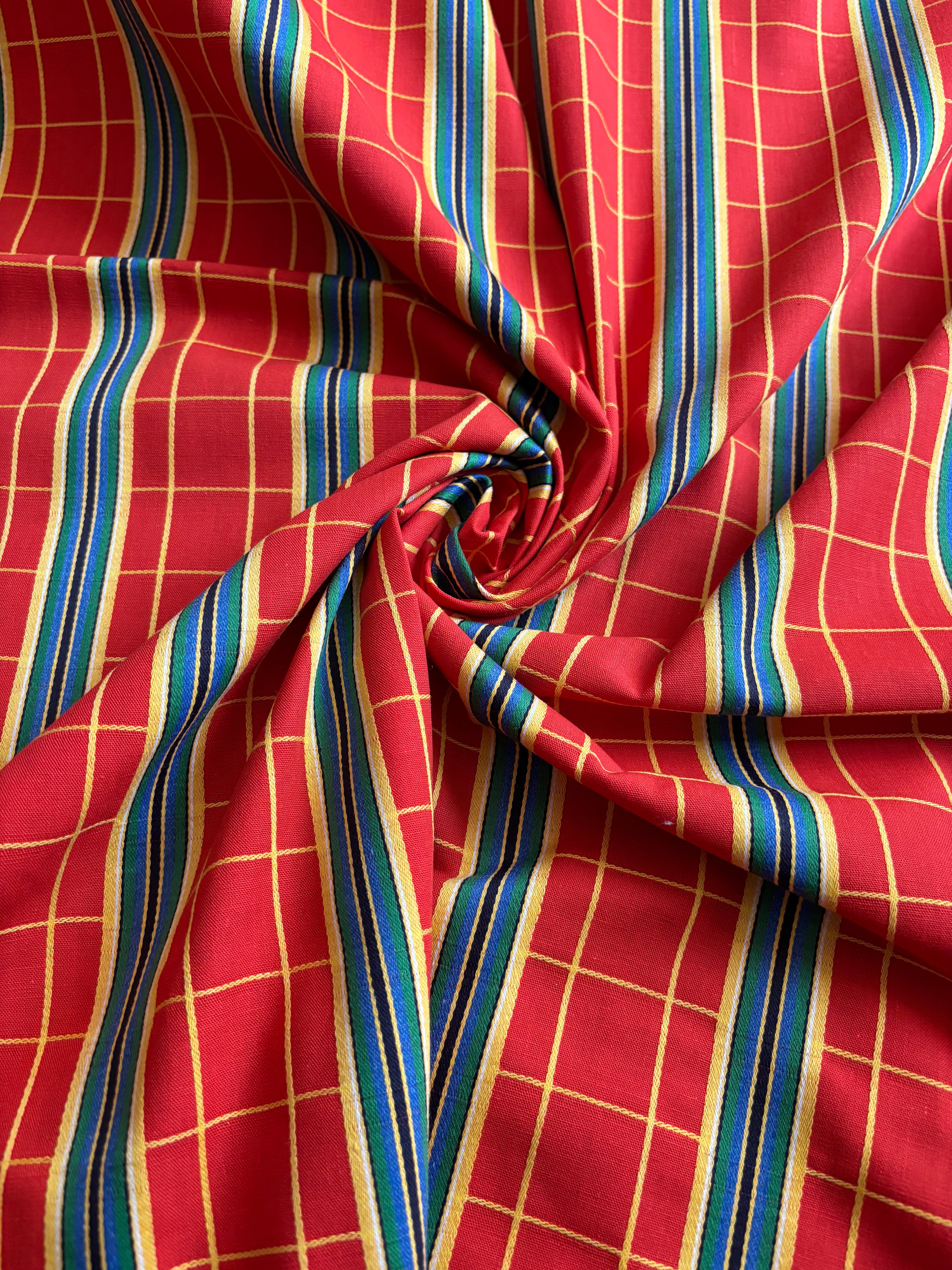 VINTAGE RED WITH YELLOW, GREEN AND BLUE STRIPES