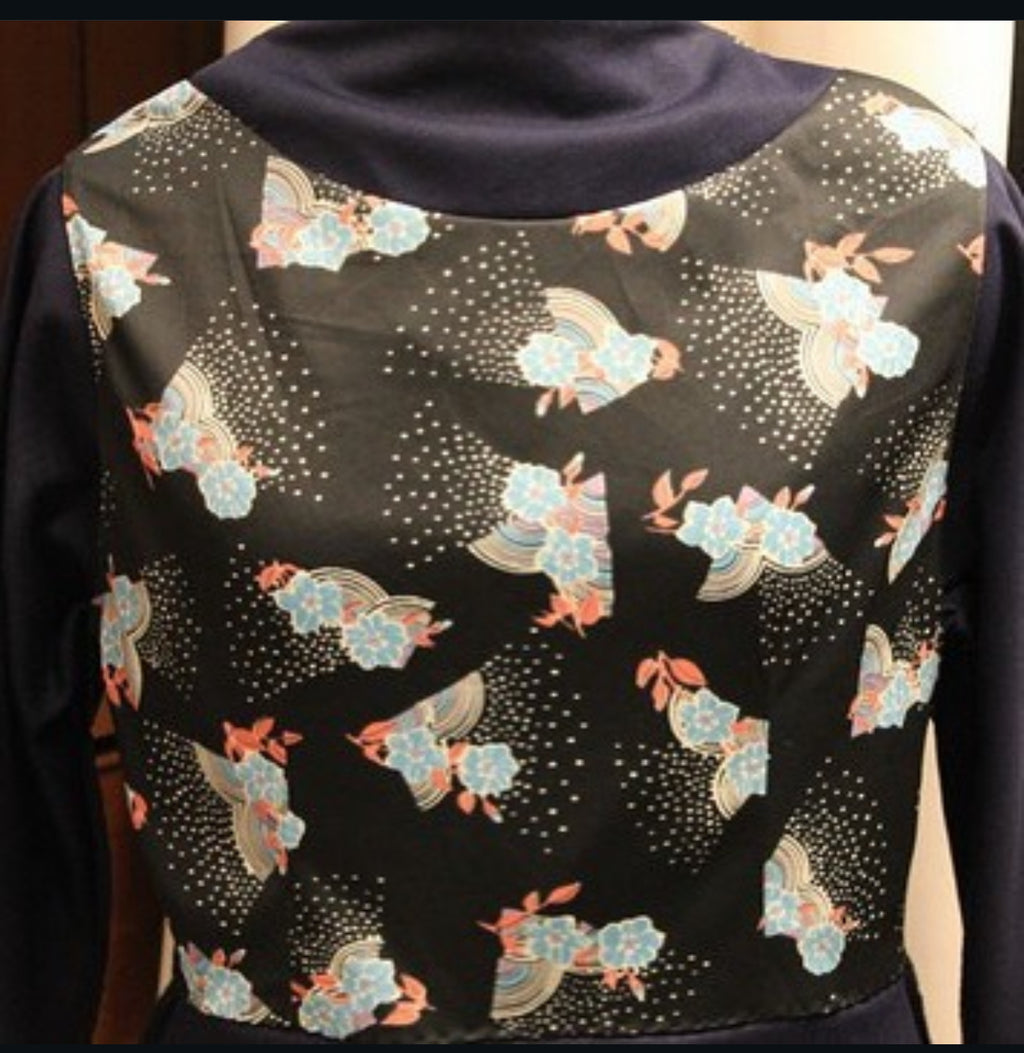 VINTAGE BLACK TRICOT WITH FLORAL AND GEOMETRIC PATTERNS