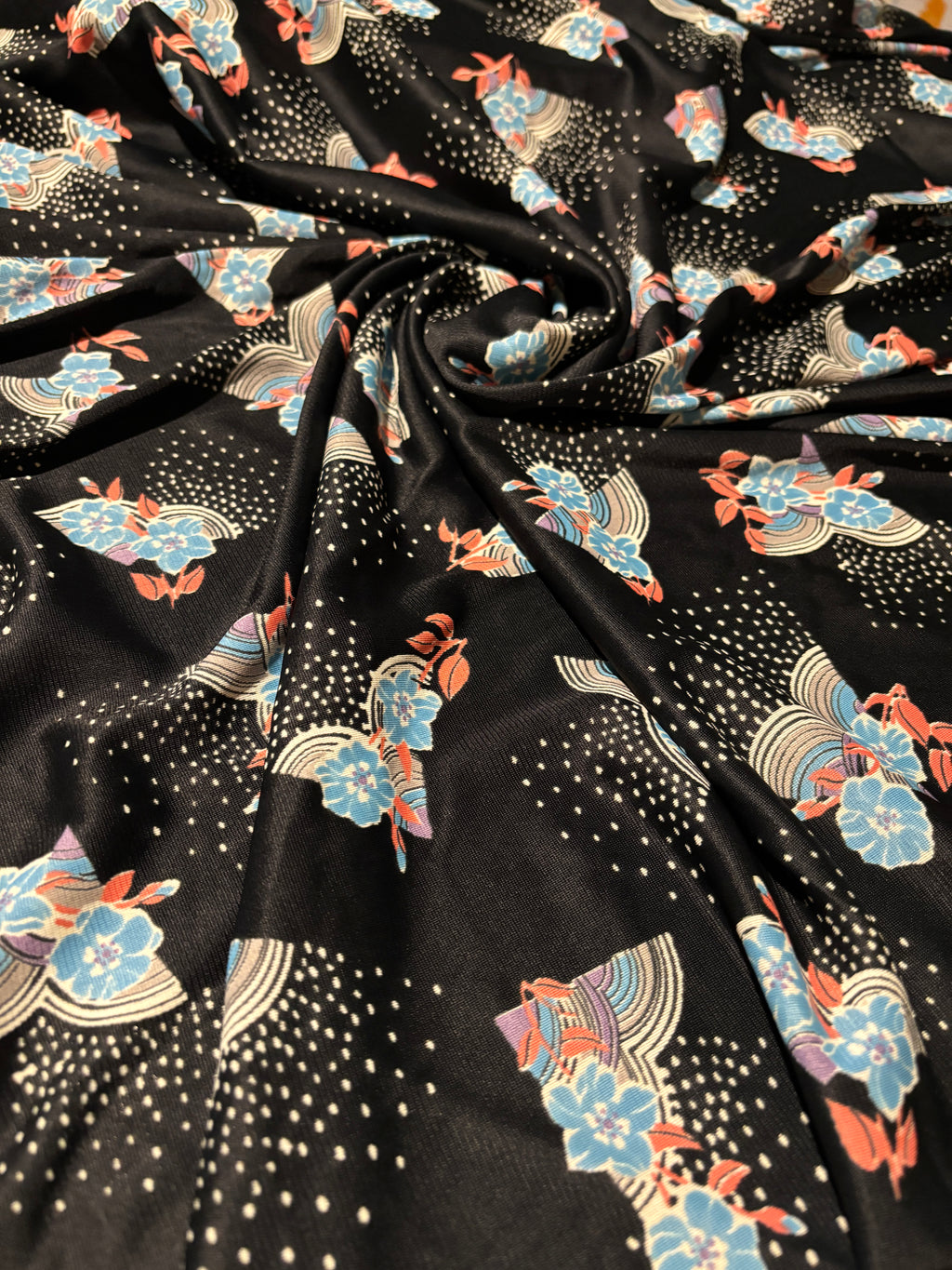 VINTAGE BLACK TRICOT WITH FLORAL AND GEOMETRIC PATTERNS