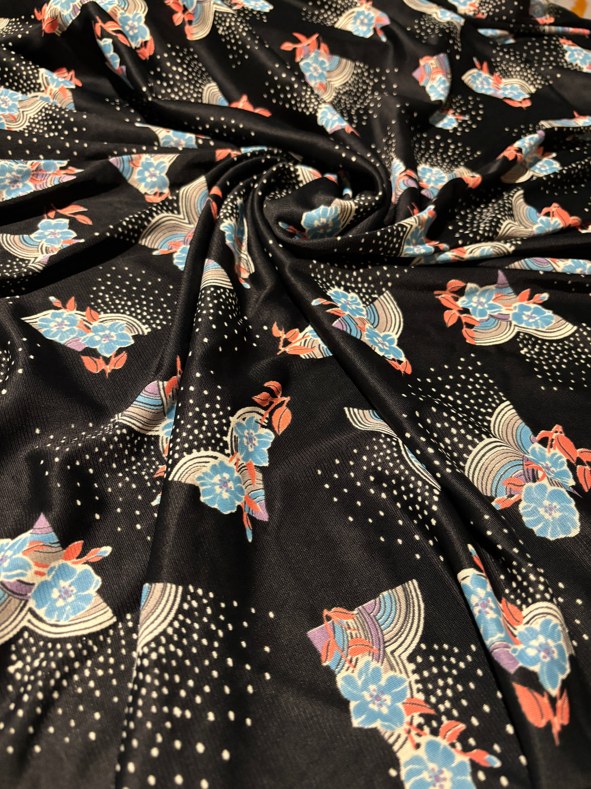 VINTAGE BLACK TRICOT WITH FLORAL AND GEOMETRIC PATTERNS