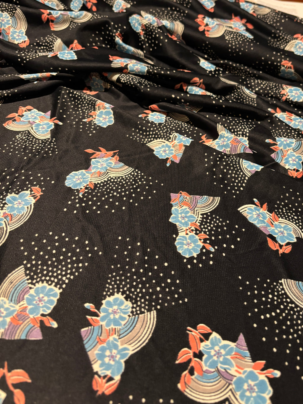 VINTAGE BLACK TRICOT WITH FLORAL AND GEOMETRIC PATTERNS