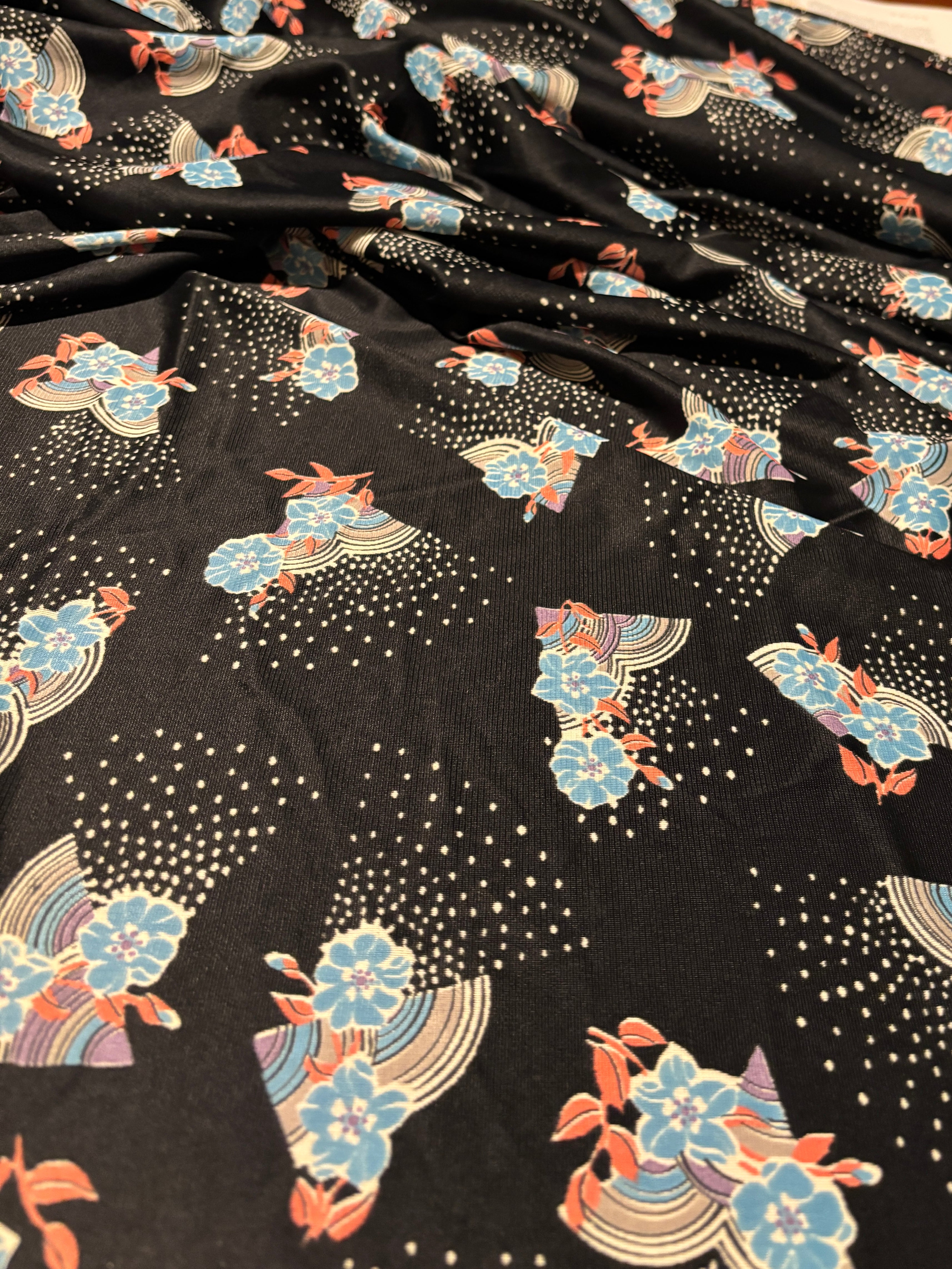 VINTAGE BLACK TRICOT WITH FLORAL AND GEOMETRIC PATTERNS
