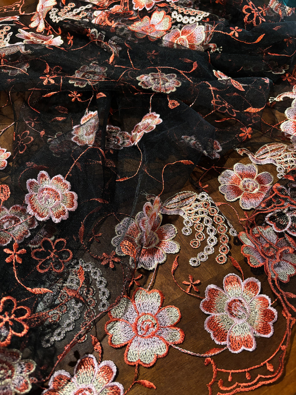 BLACK MESH LACE WITH SHADES OF PINK ROSES