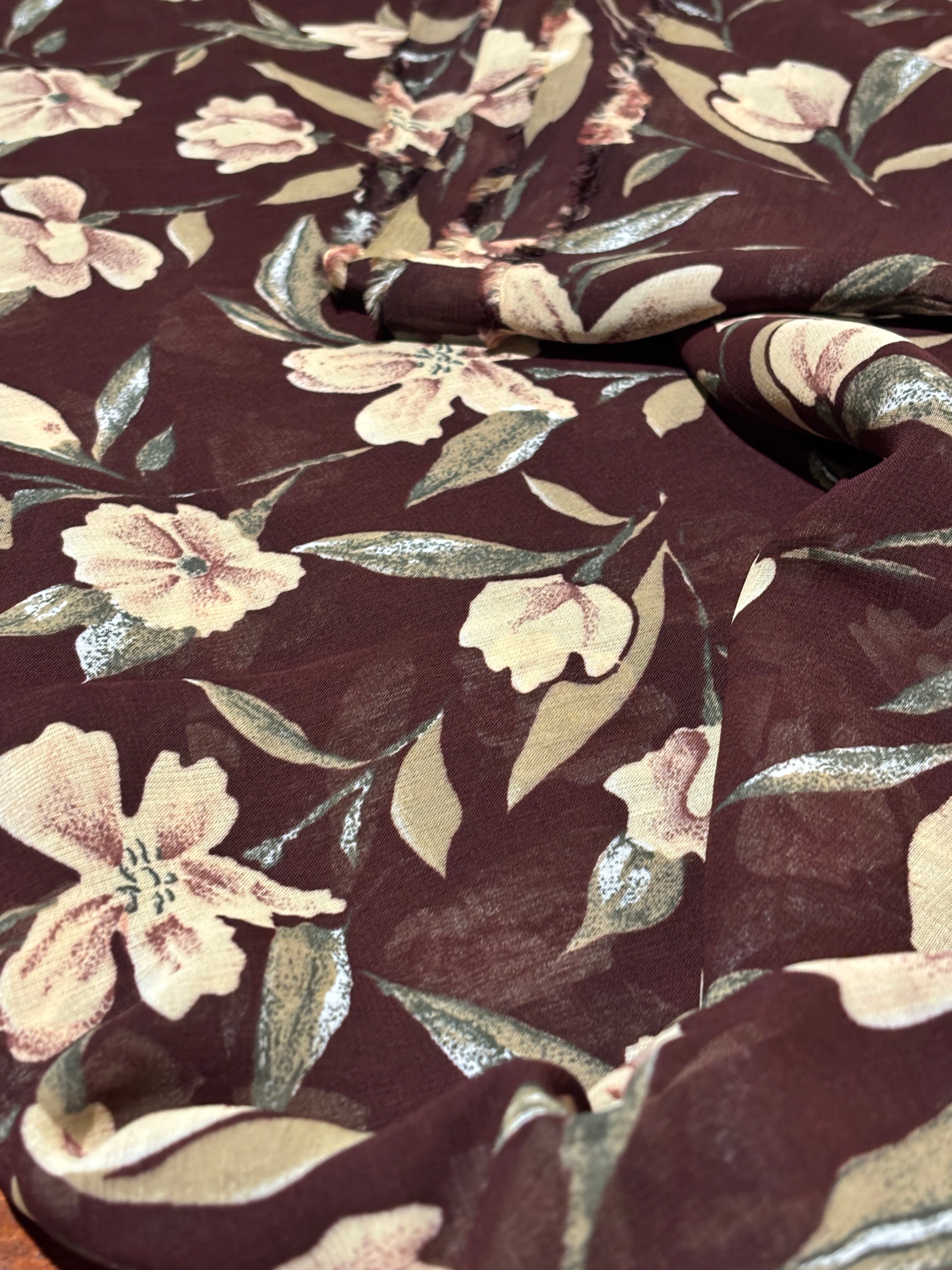 DARK BROWN LIGHT TAN FLOWERS GREEN LEAVES CHIFFON