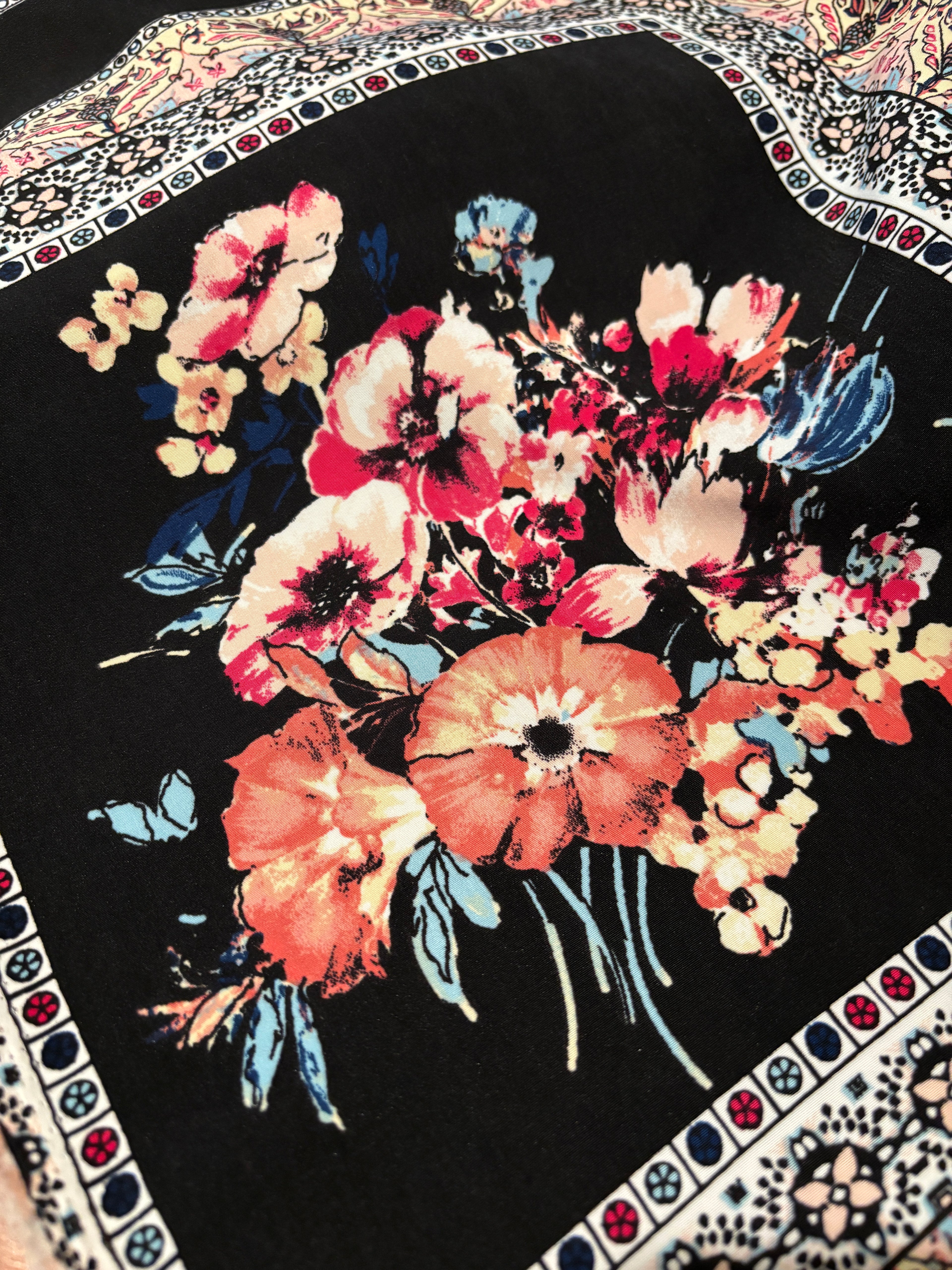 BLACK FRAMED FLORALS CHARMEUSE