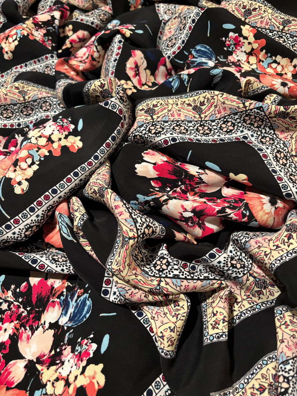 BLACK FRAMED FLORALS CHARMEUSE