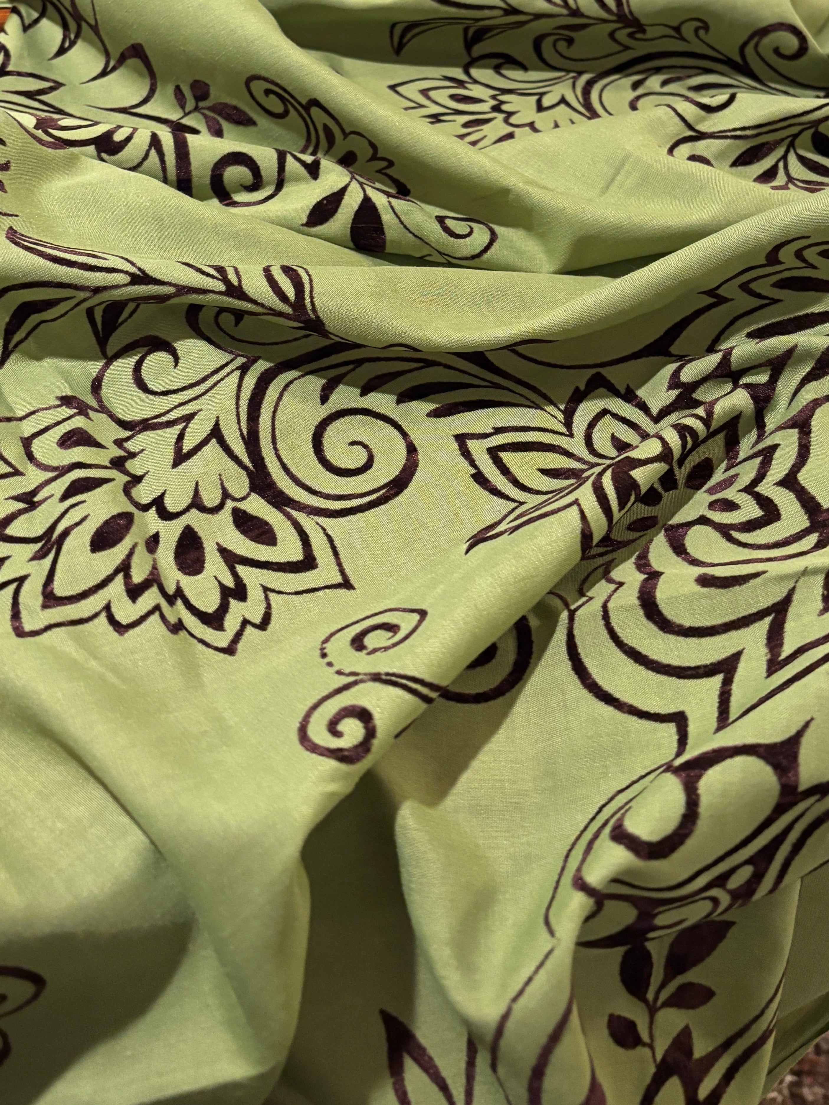 DARK GREEN BROWN SCROLLED EMBROIDERED COTTON