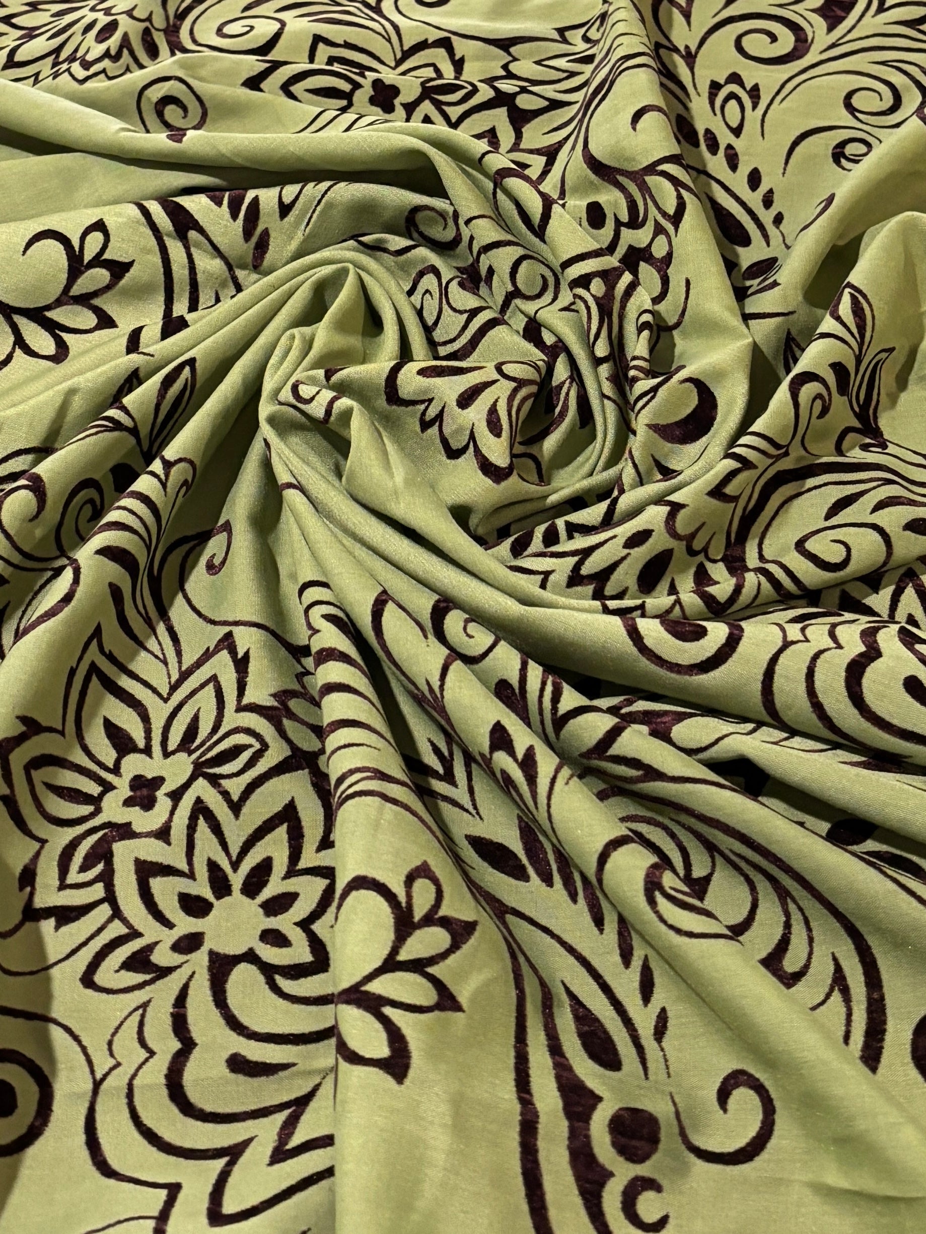 DARK GREEN BROWN SCROLLED EMBROIDERED COTTON