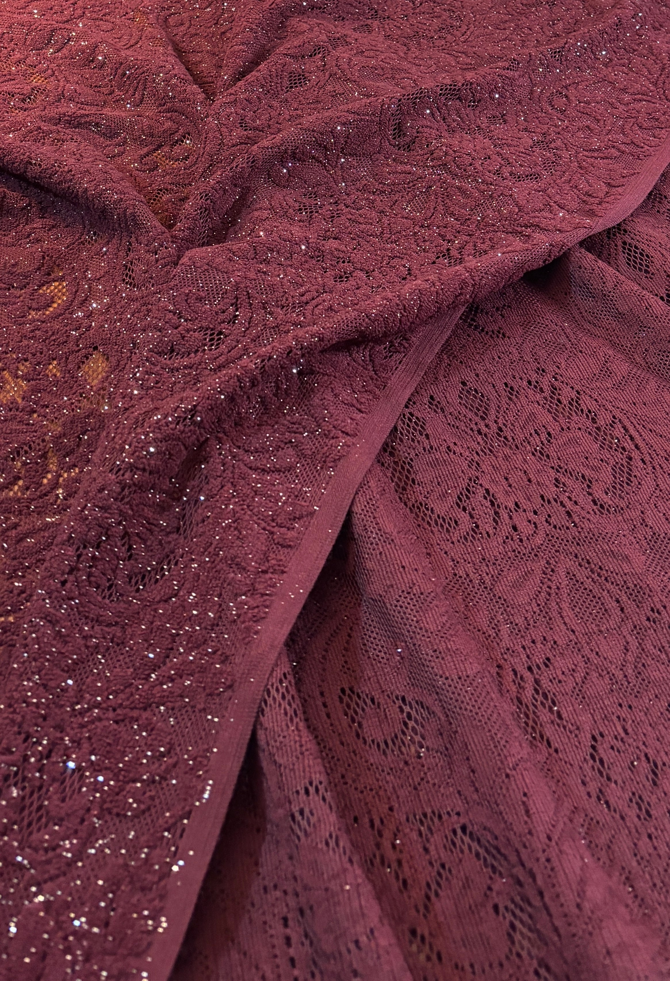 BURGUNDY LACE GLITTERY FABRIC FROM PUERTO RICO