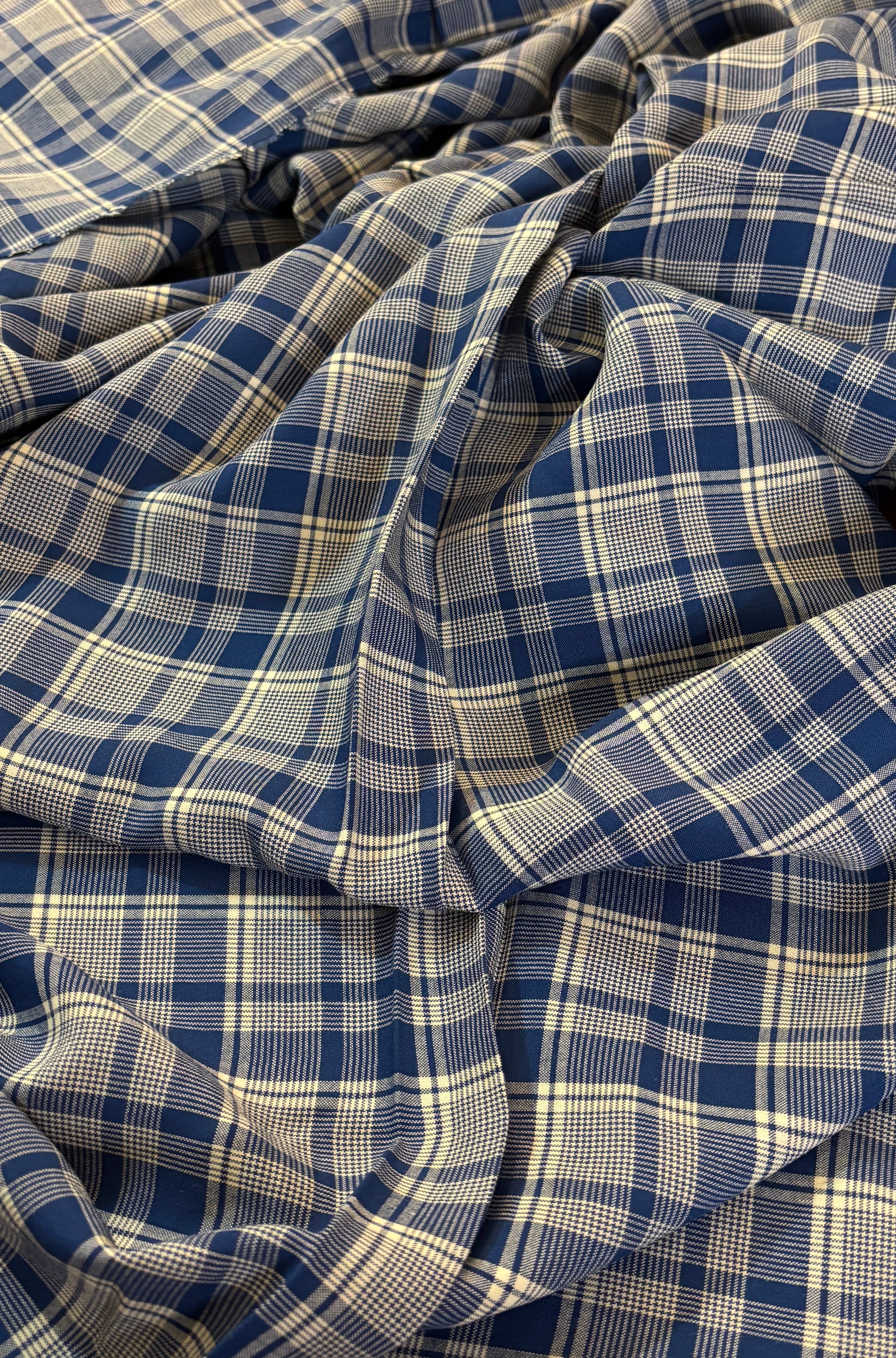 VINTAGE BLUE AND WHITE PLAID RAYON CHALLIS FROM VIRGINIA'S STASH